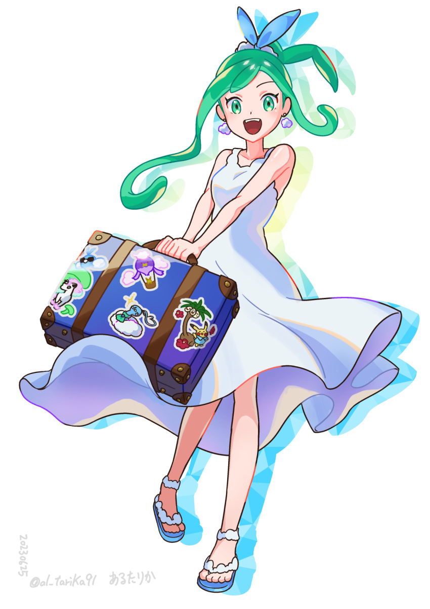 1girl, :d, alolan_exeggutor, altaria, alternate_costume, arutarika_(ri_kaoekaki), bare_arms, blue_ribbon