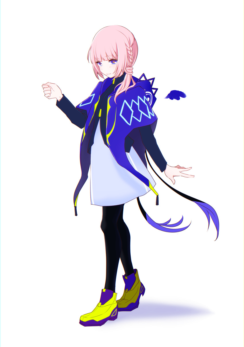 1girl, absurdres, blue_eyes, blush, braid, capelet, dot_nose, highres, hood, hood_down, hooded_capelet, kaf_(kamitsubaki_studio), kamitsubaki_studio, looking_at_viewer, memori_(egachachachan), multicolored_eyes, pink_hair, shadow, simple_background, single_braid, smile, solo, standing, virtual_youtuber, white_background, yellow_pupils