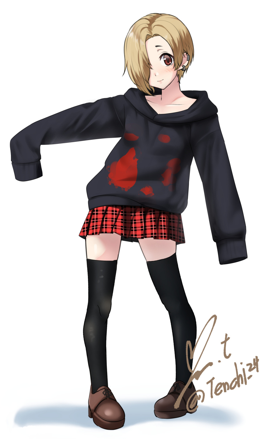 1girl, artist_name, black_hoodie, black_thighhighs, blonde_hair, blush, breasts, brown_eyes