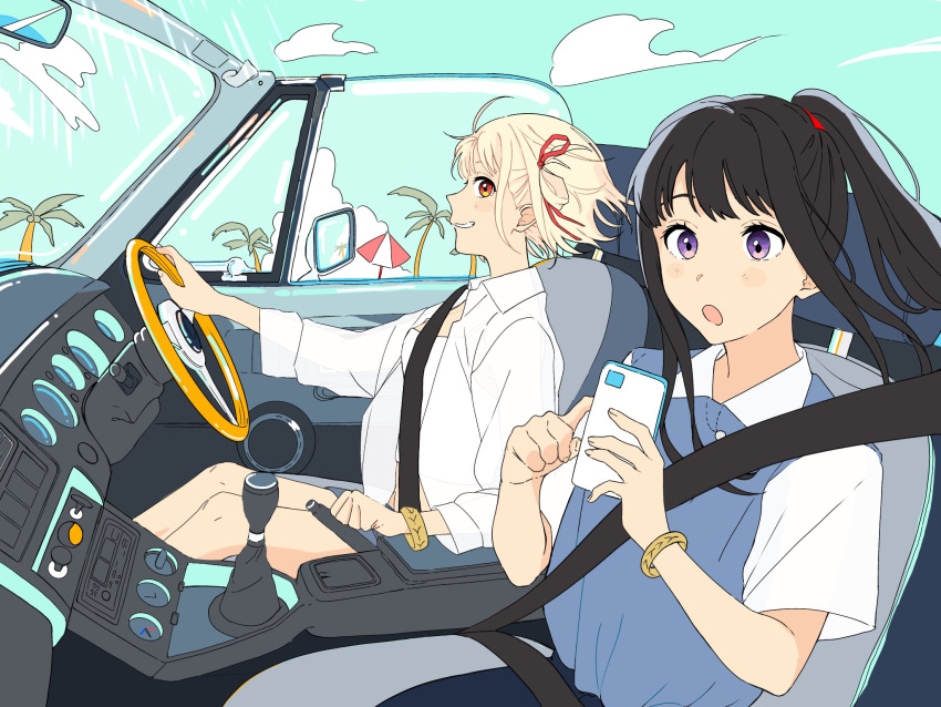 2girls, black_hair, blonde_hair, blue_vest, blush, bracelet, camisole, car