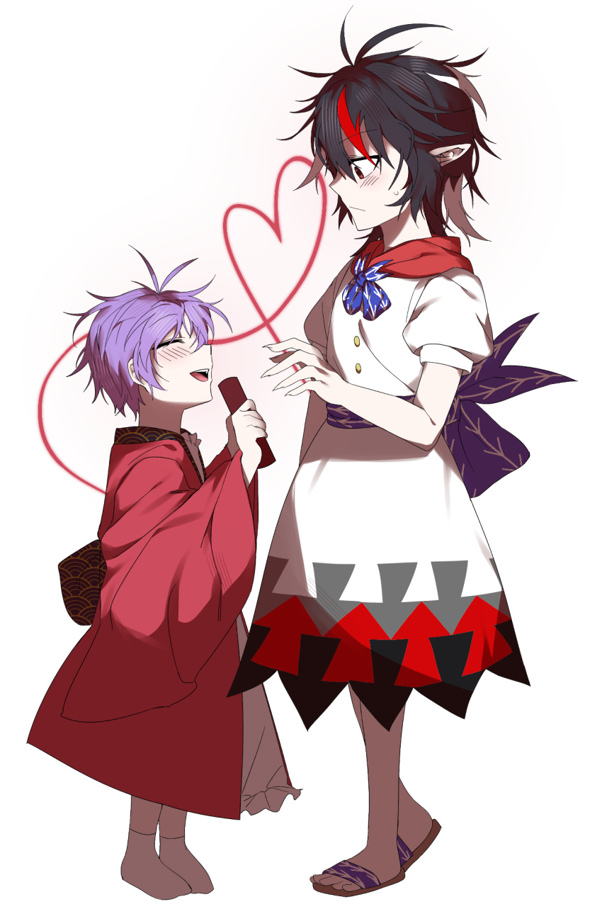 2girls, black_hair, closed_mouth, commentary, dress, from_side, heart, highres