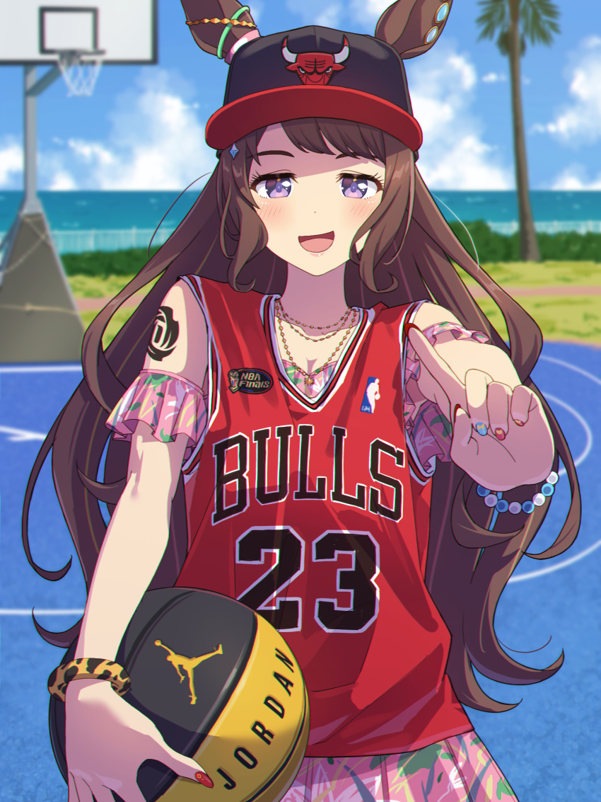 #summer_#besties_(umamusume), 1girl, adapted_costume, air_jordan, animal_ears, ball, baseball_cap, basketball_(object)