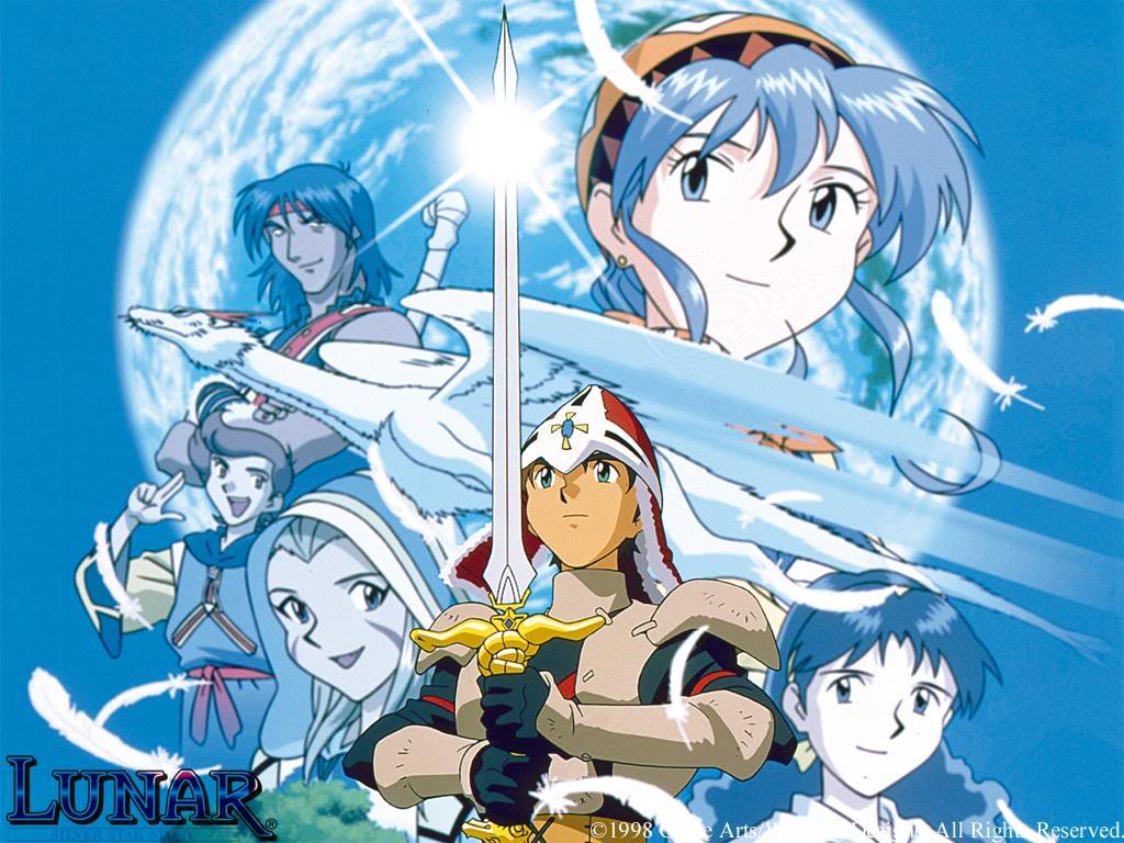 alex_noah, bandana, blue_hair, dragon, headband, jessica_de_alkirk, kyle_(lunar), luna_noah, lunar, markings, mia_ausa, nall, nash_rumack, official_art, sword, weapon