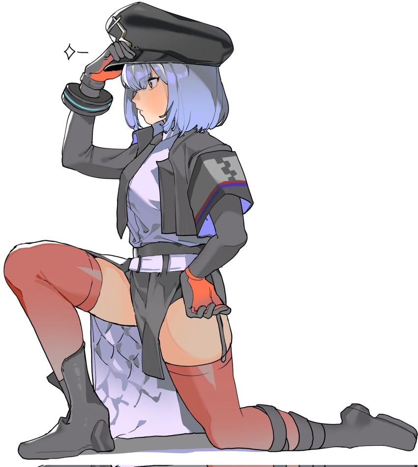 1girl, black_footwear, black_headwear, black_jacket, blue_eyes, blue_hair, boots, echo_(punishing:_gray_raven)