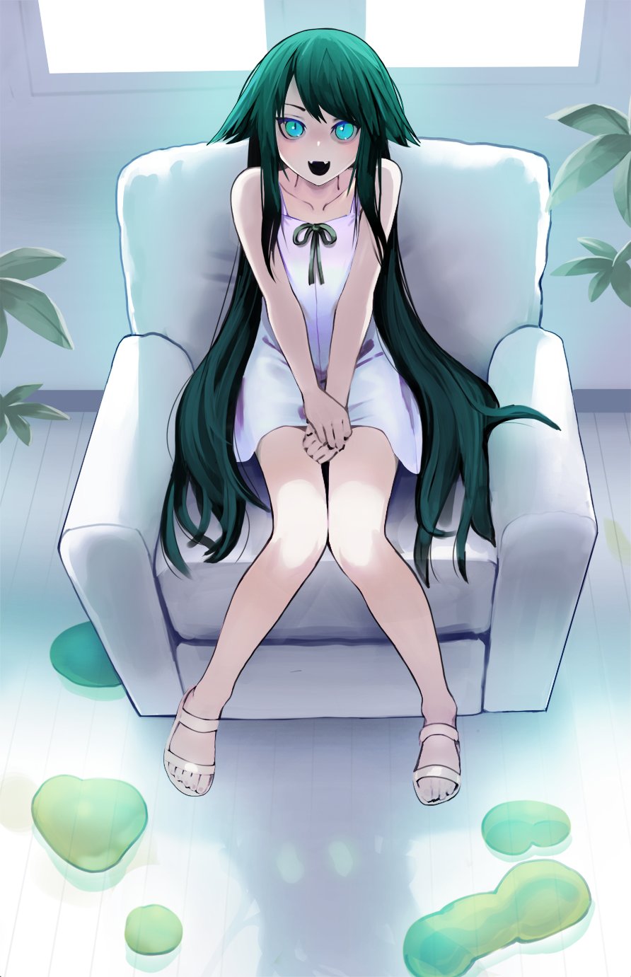 1girl, :d, bare_shoulders, black_hair, couch, dress, fangs, flat_chest