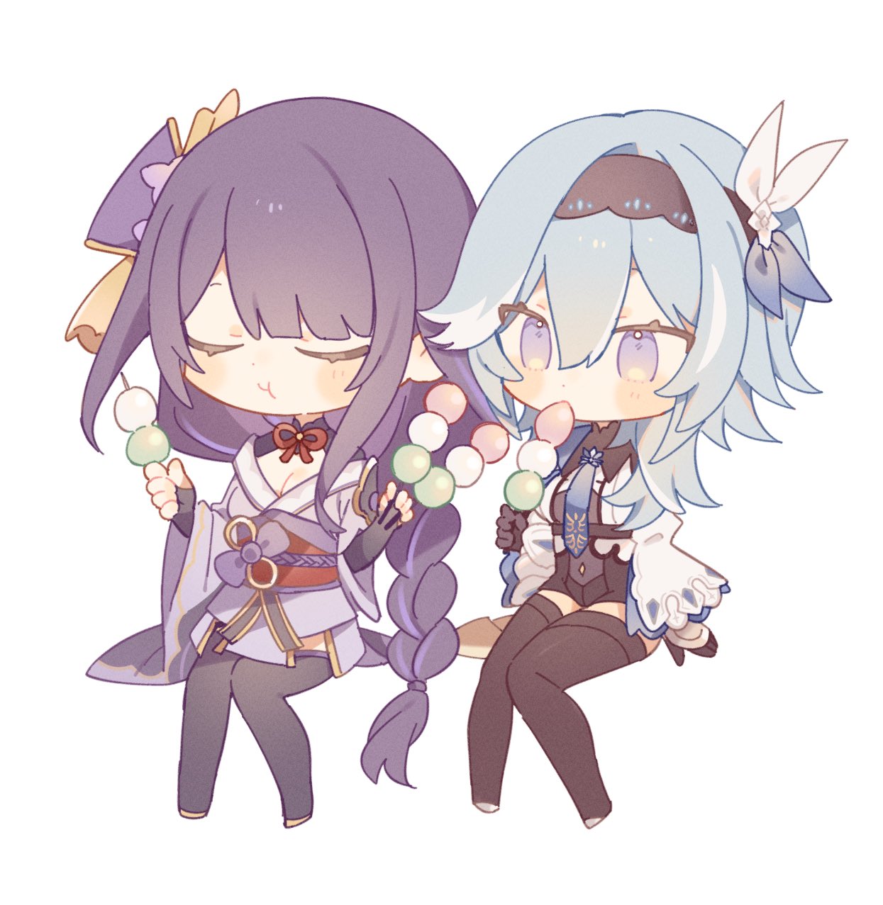 2girls, ayase_(user_ytjw3843), blue_eyes, blue_hair, blunt_bangs, braid, chibi, closed_eyes