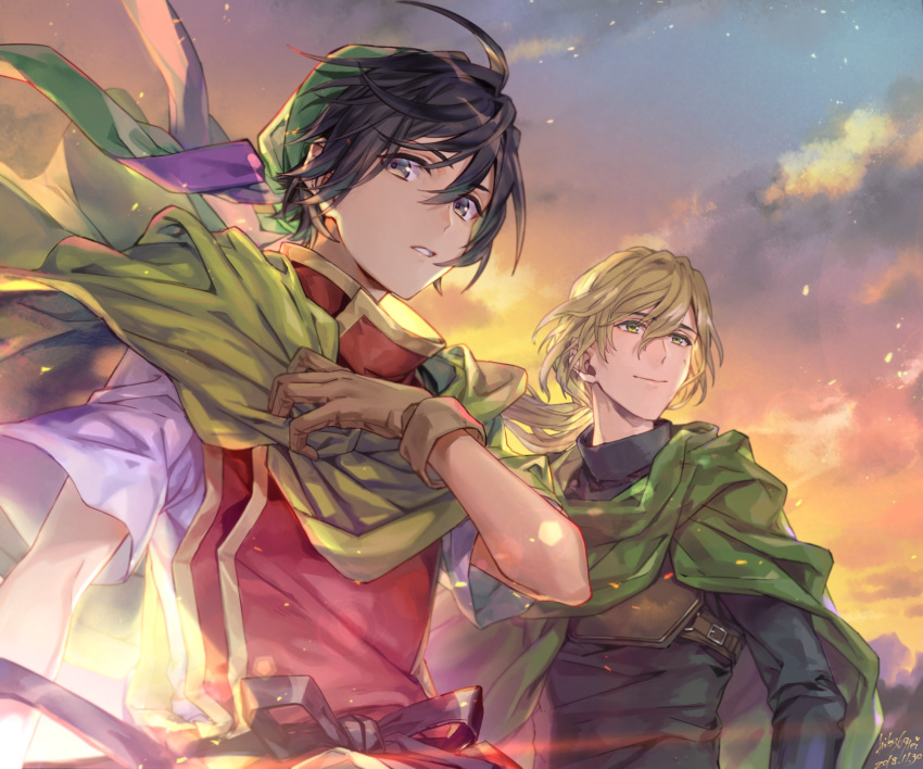 bandana, black_hair, blonde_hair, brown_eyes, cape, closed_mouth, clouds, dated