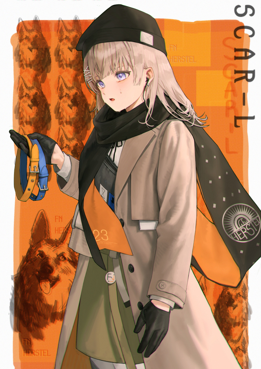 1girl, absurdres, black_gloves, black_headwear, black_scarf, blue_collar, blush, brown_coat