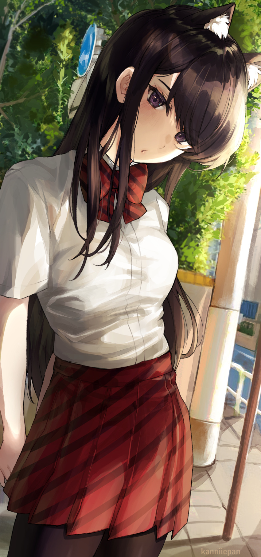1girl, absurdres, animal_ears, artist_name, black_hair, black_pantyhose, bow, bowtie
