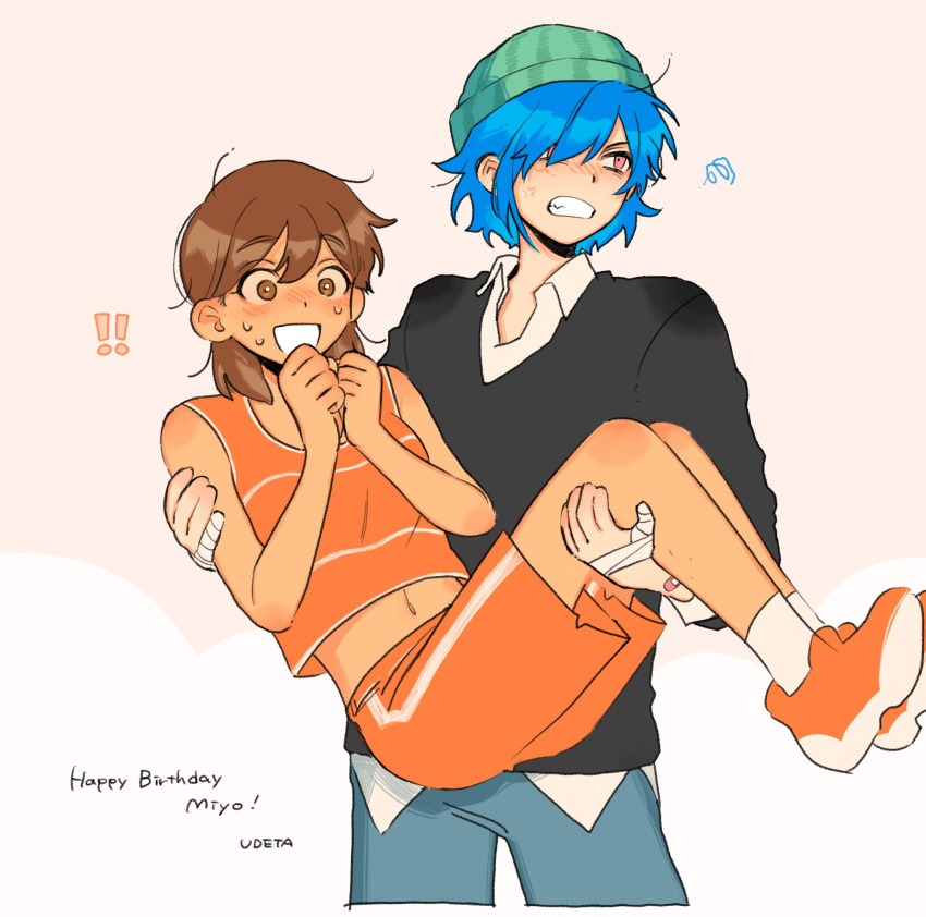 !, !!, 1boy, 1girl, aubrey_(omori), bandaid, bandaid_on_arm, beanie, blue_hair, blush, breasts, brown_eyes, brown_hair, carrying, clenched_teeth, collared_shirt, crop_top, dark-skinned_female, dark_skin, genderswap, genderswap_(ftm), genderswap_(mtf), gift_art, green_headwear, hat, highres, kel_(omori), long_sleeves, navel, omori, open_mouth, orange_eyes, orange_footwear, orange_shorts, parted_lips, princess_carry, shirt, shoes, short_hair, shorts, small_breasts, sneakers, sweat, teeth, ud01f