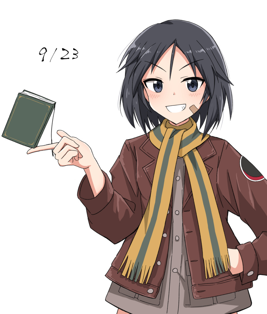 1girl, balancing_on_finger, bandaid, bandaid_on_face, black_hair, blush, book, brave_witches