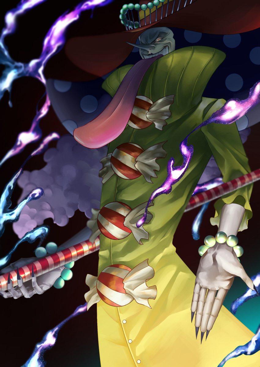 1boy, absurdres, candy, charlotte_perospero, coat, colored_skin, evil_smile, feet_out_of_frame