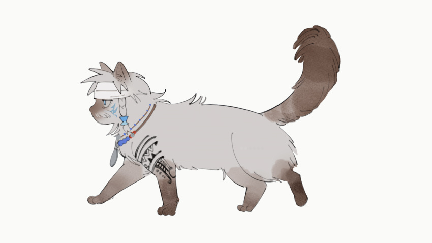 animal, animal_focus, animalization, animated, animated_gif, braid, cat, clothed_animal, facial_hair, final_fantasy, final_fantasy_xiv, from_side, full_body, headband, jewelry, looking_ahead, lyon_rem_helsos, mustache, necklace, no_humans, notesonlyonpii, tail, tail_wagging, walking, white_background, white_headband