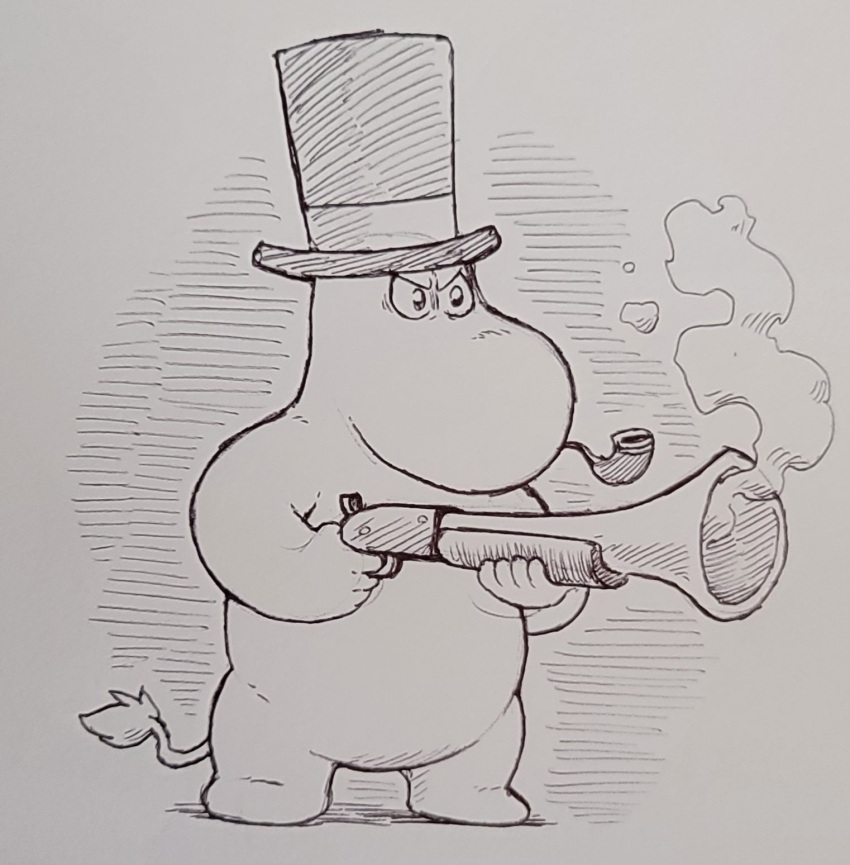 1boy, antique_firearm, blunderbuss, full_body, greyscale, gun, hat, highres