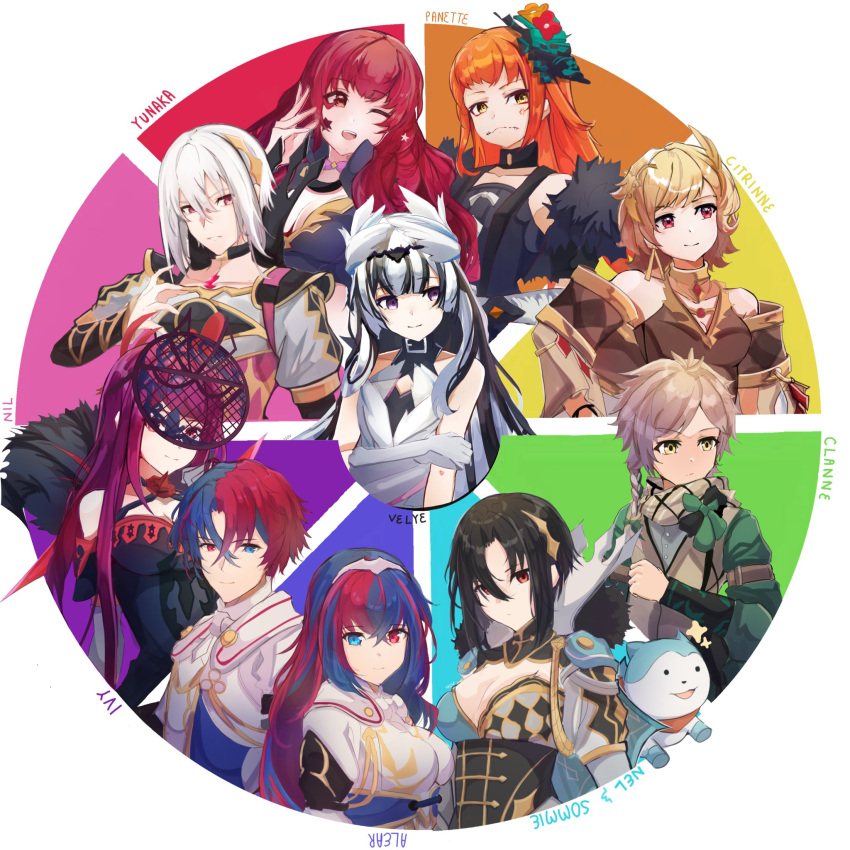 6+girls, alear_(female)_(fire_emblem), alear_(fire_emblem), alear_(male)_(fire_emblem), asymmetrical_clothes, bare_shoulders, black_choker, black_hair
