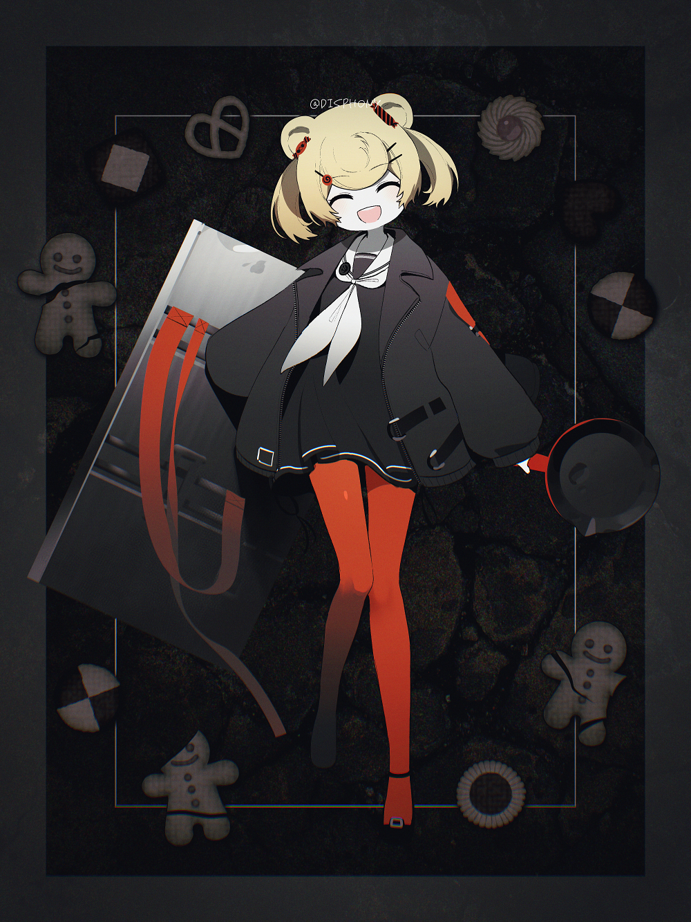 1girl, arknights, black_coat, black_footwear, blonde_hair, blush, closed_eyes, coat