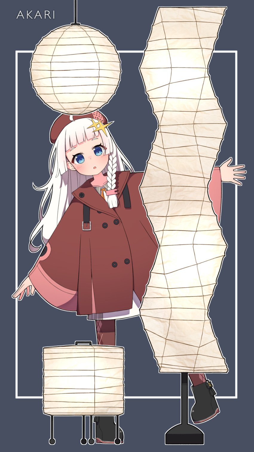:o, a.i._voice, ahoge, argyle_pantyhose, beret, black_footwear, blue_eyes, blunt_bangs
