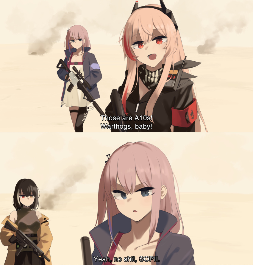 3girls, absurdres, ar-15, assault_rifle, black_hair, black_jacket, black_scarf, blue_eyes