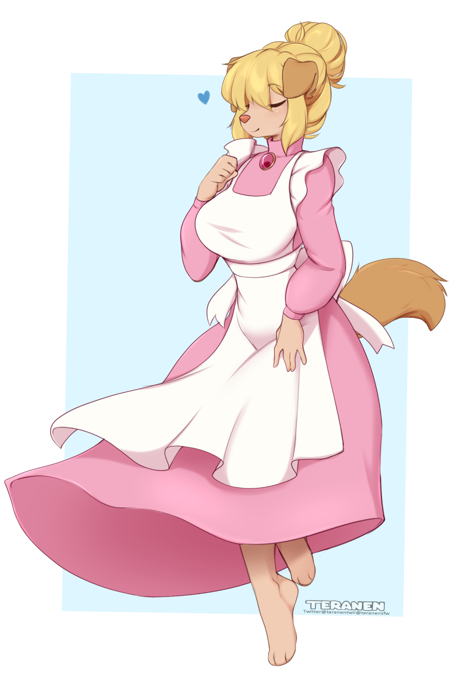 1girl, animal_ears, animal_feet, animal_nose, apron, artist_name, back_bow, barefoot
