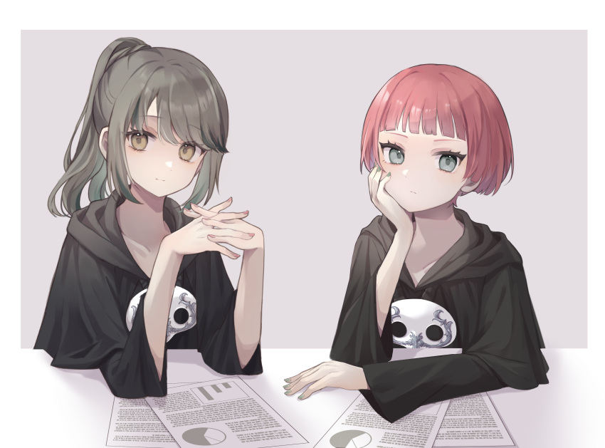 2girls, absurdres, agdistis_(ff14), arm_rest, black_capelet, blunt_bangs, bob_cut, border