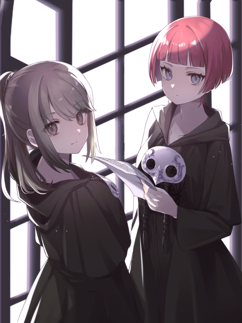 2girls, absurdres, agdistis_(ff14), black_capelet, black_robe, blunt_bangs, bob_cut, brown_eyes