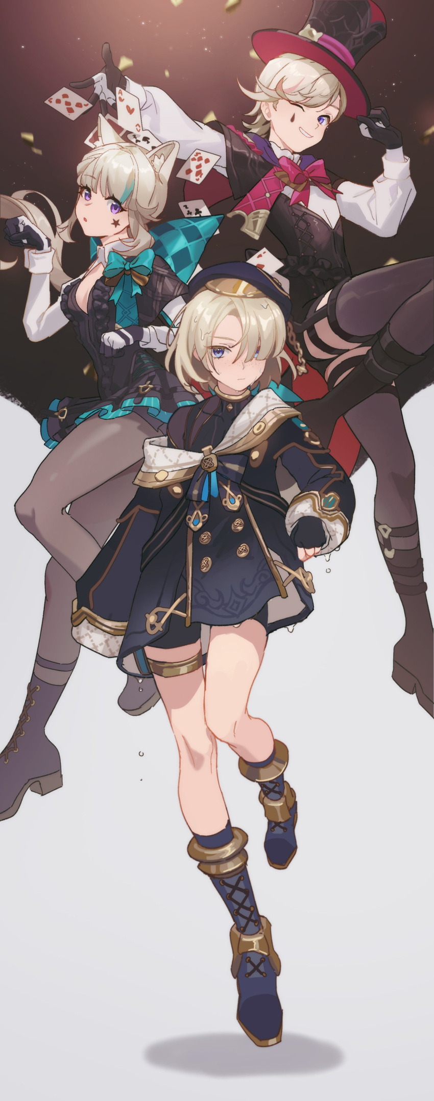 1girl, 2boys, :o, absurdres, ace_of_diamonds, ace_of_hearts, adjusting_clothes, adjusting_headwear
