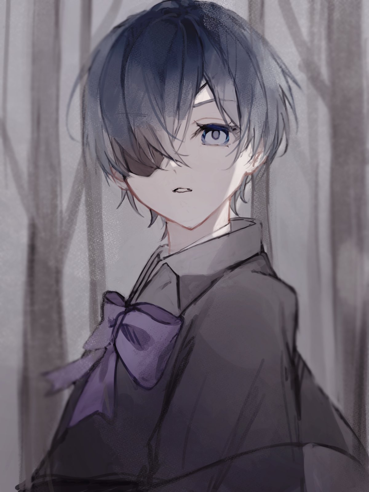 1boy, black_cloak, black_hair, blue_eyes, bow, ciel_phantomhive, cloak, collared_shirt, eyepatch, grey_shirt, highres, kagaku_o, kuroshitsuji, long_sleeves, looking_at_viewer, male_focus, one_eye_covered, parted_lips, purple_bow, shirt, short_hair, solo, teeth, white_shirt