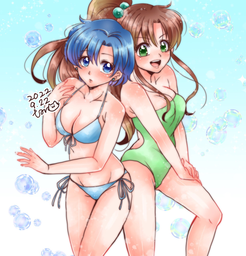2girls, bikini, bishoujo_senshi_sailor_moon, blue_bikini, blue_eyes, blue_hair, brown_hair, earrings