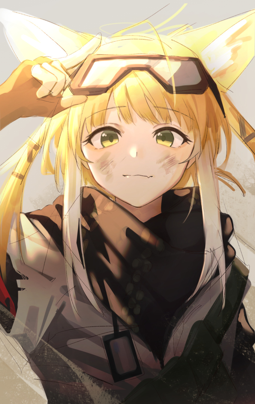 1girl, arknights, arm_up, blonde_hair, brown_gloves, closed_mouth, commentary, dirty