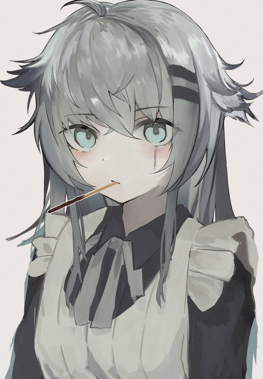 1girl, alternate_costume, apron, arknights, black_dress, blue_eyes, bow, closed_mouth
