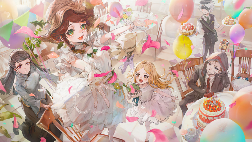 3boys, 3girls, :d, absurdres, asymmetrical_gloves, balloon, barefoot, black_gloves