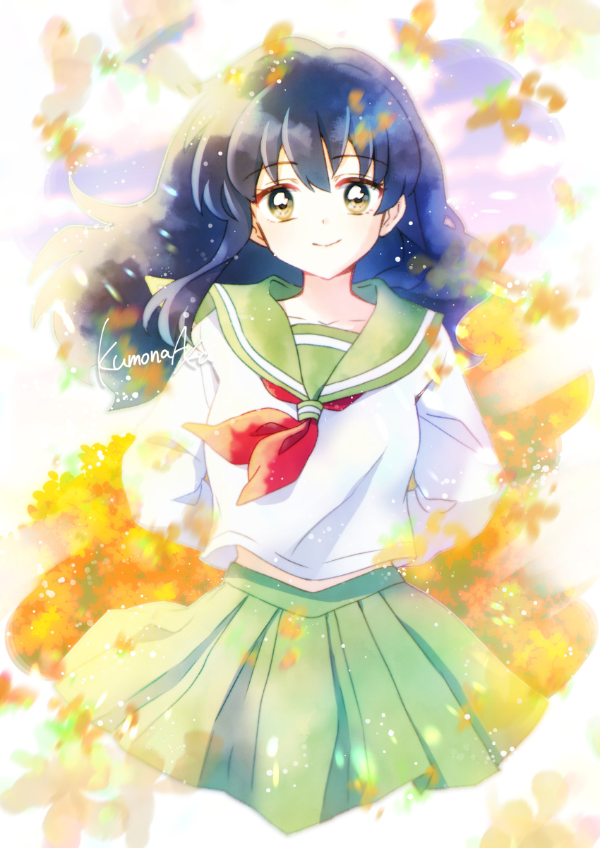 1girl, absurdres, arms_behind_back, artist_name, black_hair, brown_eyes, green_sailor_collar, green_skirt, highres, higurashi_kagome, inuyasha, kumona-aka, long_hair, long_sleeves, looking_at_viewer, neckerchief, pleated_skirt, red_neckerchief, sailor_collar, school_uniform, shirt, skirt, smile, solo, white_shirt