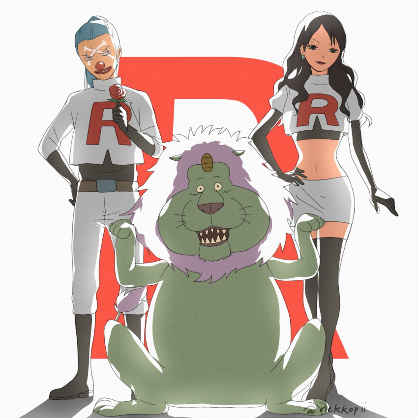 1boy, 1girl, alternate_costume, alvida_(one_piece), animal, black_footwear, black_gloves, black_hair