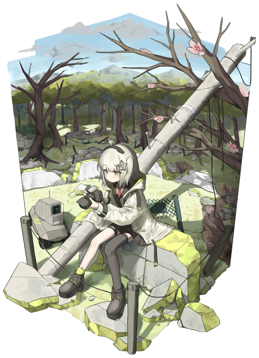 1girl, absurdres, ahoge, arknights, bare_tree, black_footwear, black_skirt, black_thighhighs