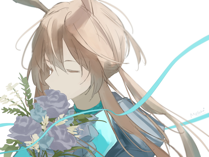 1girl, absurdres, amiya_(arknights), animal_ears, arknights, black_jacket, blue_flower, blue_rose