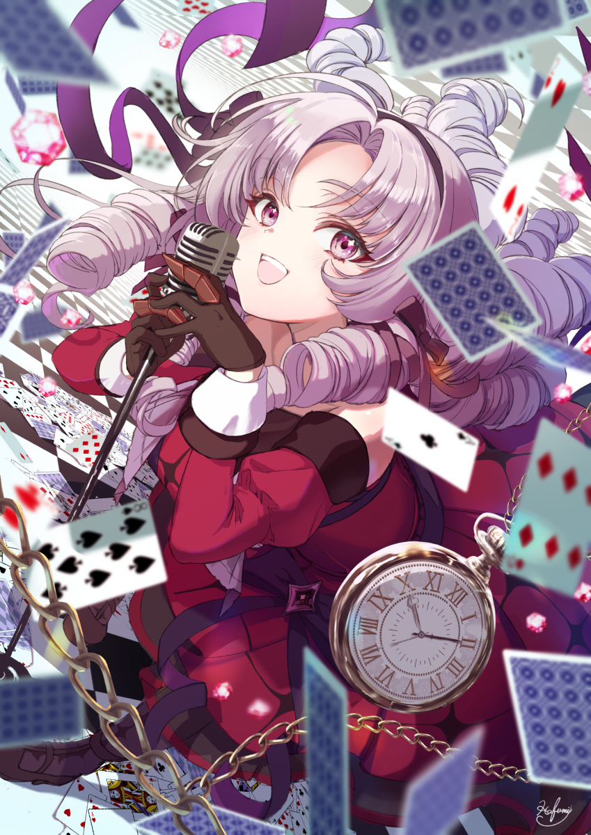 1girl, card, dress, drill_hair, fha59355, gloves, hair_ribbon, headband, highres, hyakumantenbara_salome, juliet_sleeves, light_purple_hair, long_sleeves, looking_at_viewer, microphone, nijisanji, off_shoulder, pocket_watch, poker, puffy_sleeves, purple_hair, red_dress, ribbon, smile, solo, violet_eyes, virtual_youtuber, watch