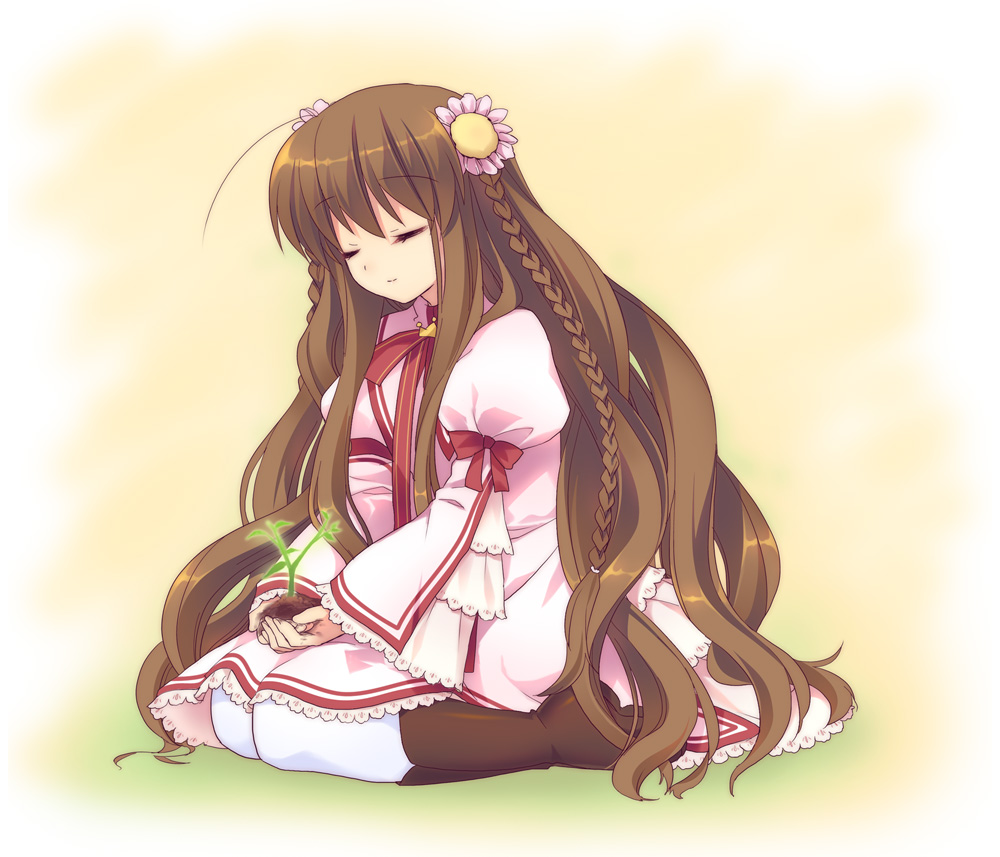 1girl, ahoge, boots, braid, brown_footwear, brown_hair, closed_eyes, closed_mouth