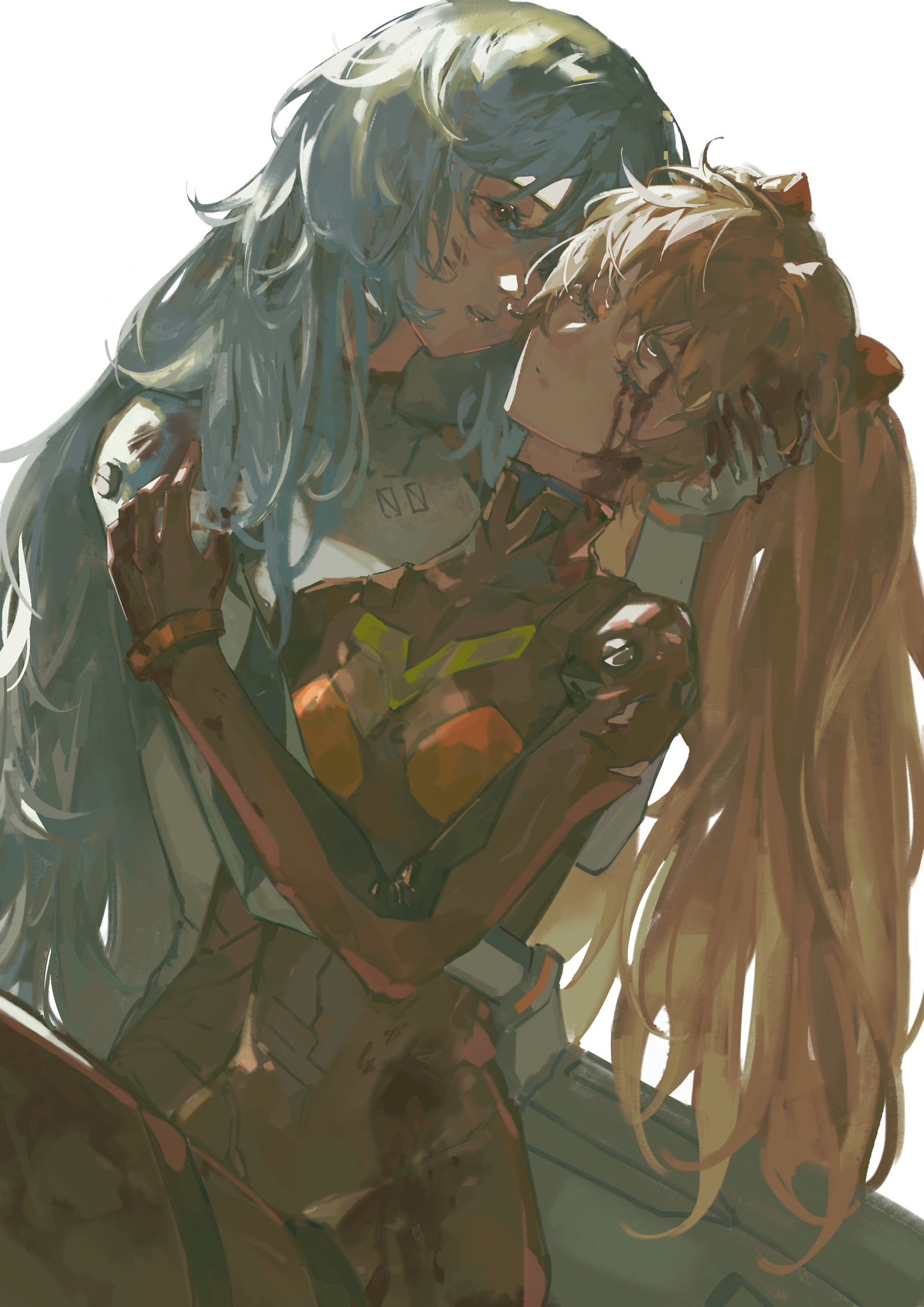 2girls, ayanami_rei, bleeding, blood, blood_on_face, blood_on_hands, blue_hair, bodysuit, carrying, carrying_person, closed_eyes, commentary_request, covered_collarbone, cowboy_shot, expressionless, from_side, half-closed_eyes, hand_on_another's_arm, hand_on_another's_head, highres, hug, injury, interface_headset, jiaotang_xiaodoudou, long_hair, looking_at_another, multiple_girls, neon_genesis_evangelion, orange_hair, parted_lips, plugsuit, red_bodysuit, simple_background, souryuu_asuka_langley, two_side_up, white_background, white_bodysuit