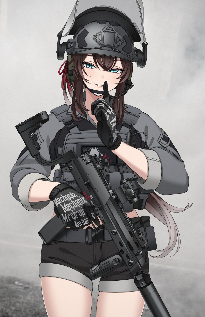 1girl, absurdres, battle_belt, belt, black_shorts, blue_eyes, brown_hair, ear_protection