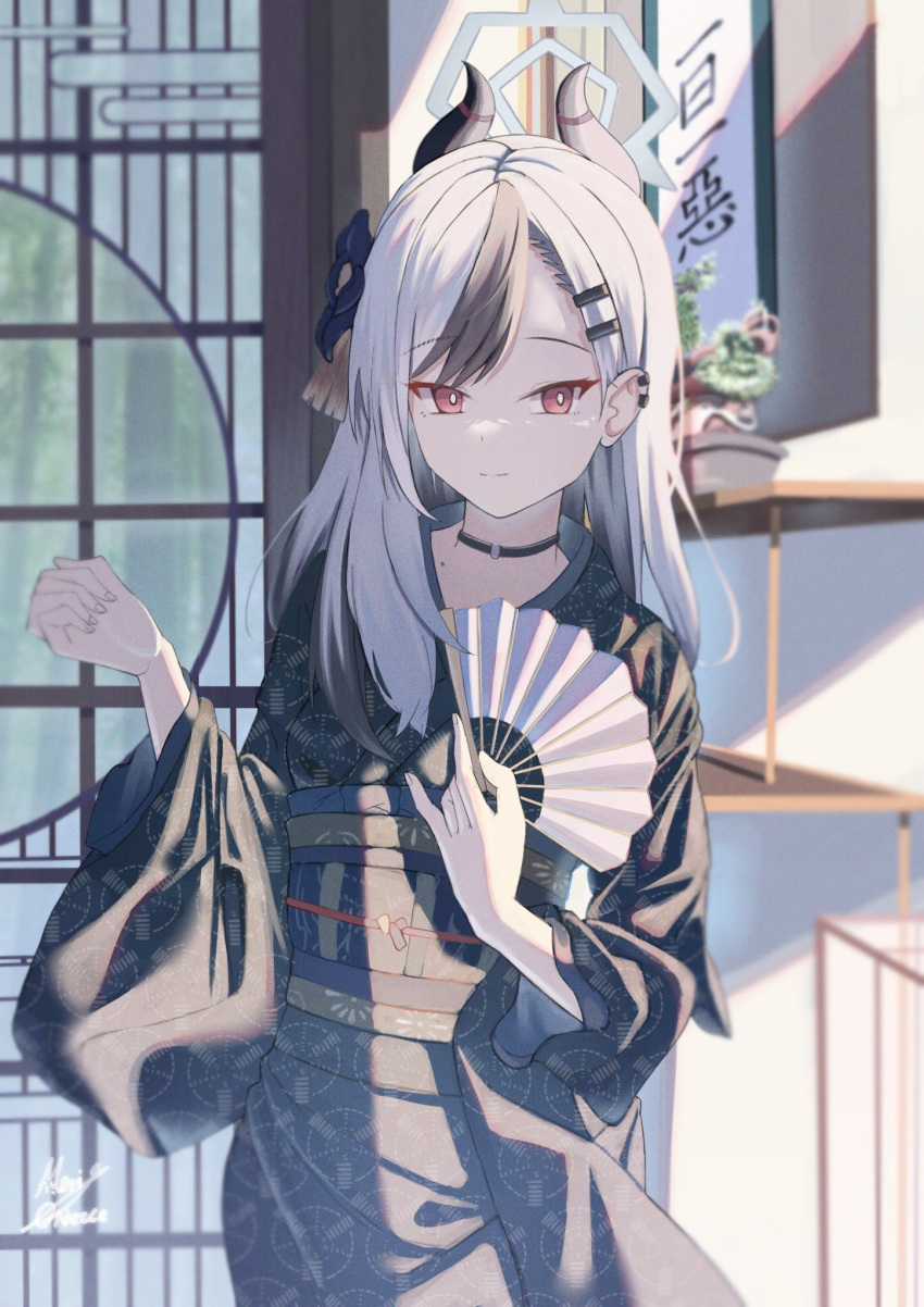 1girl, architecture, black_choker, black_hair, black_kimono, blue_archive, choker, closed_mouth