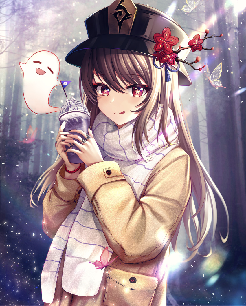 1girl, :q, absurdres, alternate_costume, black_headwear, black_nails, blurry, blurry_background