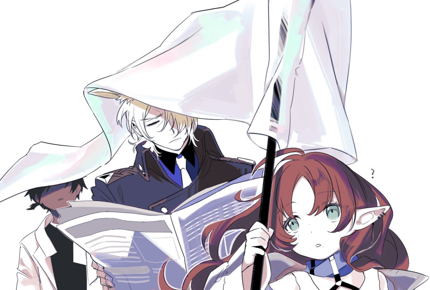 1girl, 2boys, :o, ?, animal_ear_fluff, animal_ears, arknights, black_hair
