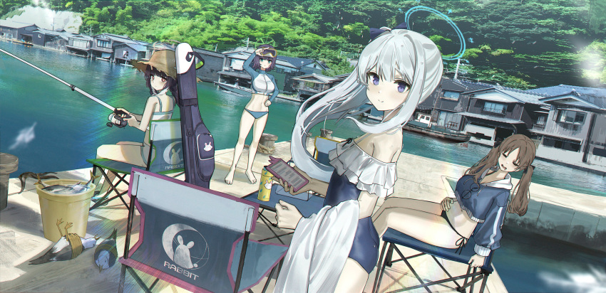 4girls, absurdres, bare_shoulders, bird, blue_archive, blue_eyes, bottle, breasts