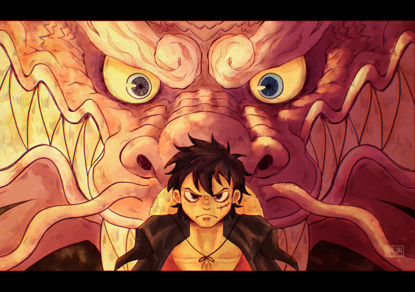 2boys, absurdres, angry, artist_name, black_border, black_cape, black_hair, blue_eyes, border, cape, closed_mouth, dragon, fangs, hat, hat_removed, headwear_removed, highres, looking_at_viewer, maria_(yoru_chii), momonosuke_(one_piece), monkey_d._luffy, multiple_boys, one_piece, scar, scar_on_cheek, scar_on_face, short_hair, signature, straw_hat, teeth