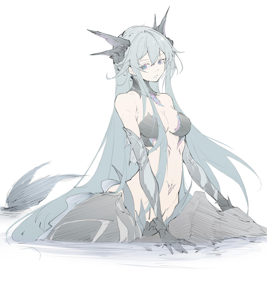 absurdres, artist_request, blue_eyes, blue_hair, fins, fish_tail, frown, highres