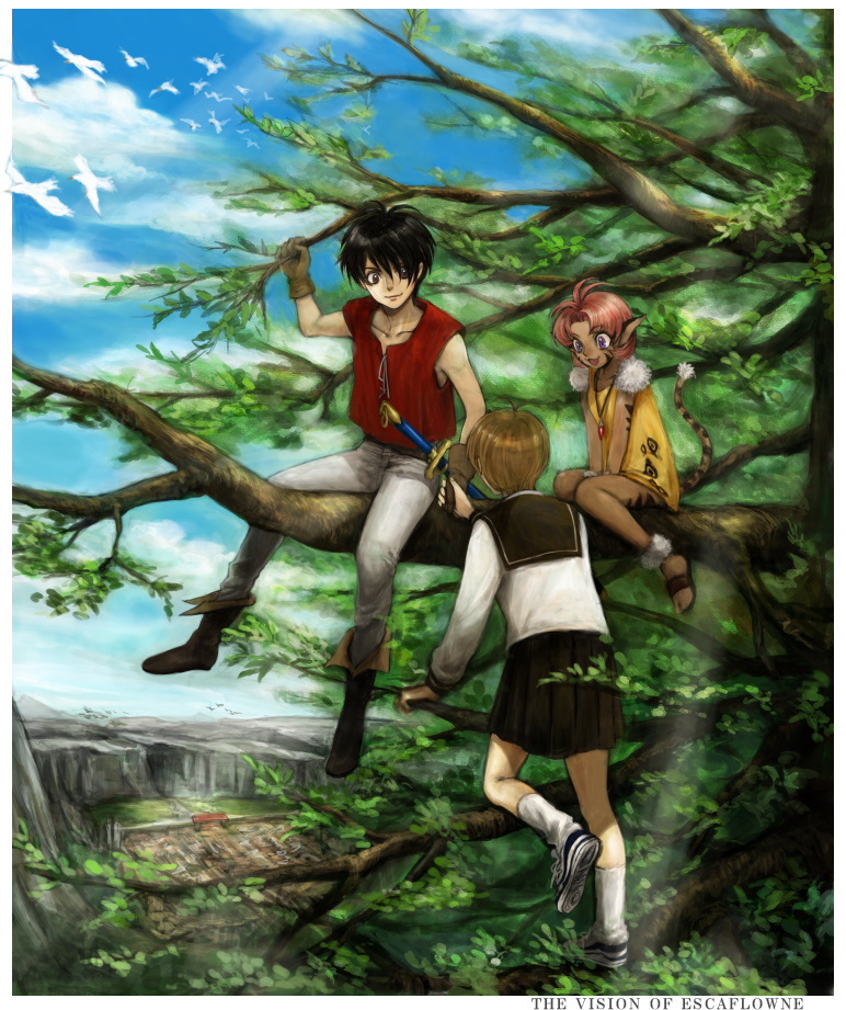 1boy, 2girls, :3, :d, animal_ears, animal_print, antenna_hair, bad_id
