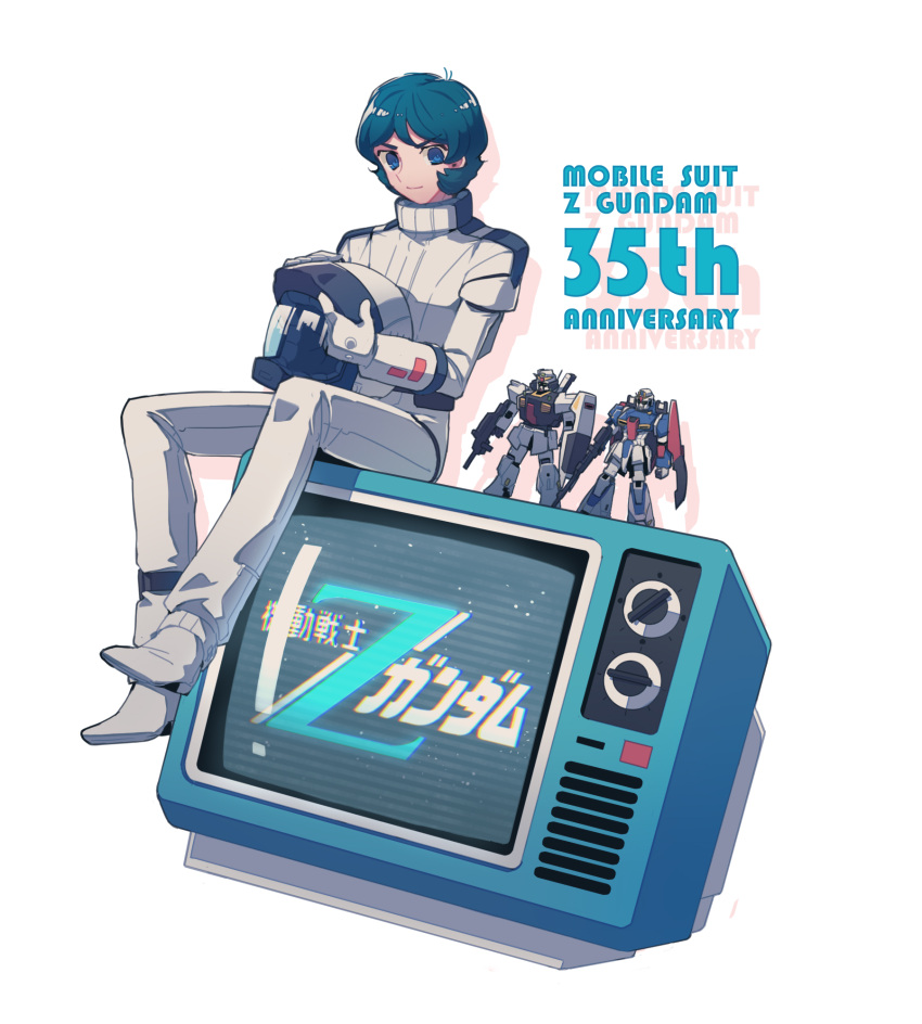 1boy, anniversary, blue_eyes, blue_hair, closed_mouth, colored_shadow, drop_shadow, full_body