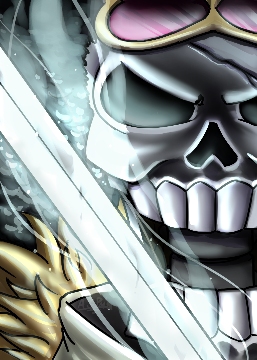 1boy, acpuig, afro, black_hair, brook_(one_piece), eyewear_on_head, eyewear_removed, highres