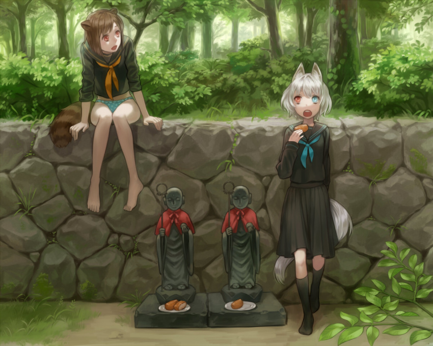 :o, against_wall, animal_ears, barefoot, black_legwear, blue_eyes, eating, esukee