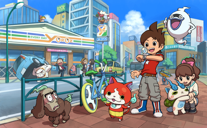 2boys, 3girls, absurdres, amano_keita, belt, bicycle, blue_sky, brown_belt, brown_eyes, brown_hair, building, car, city, clouds, glasses, grey_pants, highres, hungramps, jibanyan, kodama_fumika, koma-san, komasan, manjimutt, mochismo, motor_vehicle, multiple_boys, multiple_girls, necktie, noko_(youkai_watch), official_art, open_mouth, outdoors, pants, red_shirt, road, shirt, sky, suit, tengu_(youkai_watch), tree, walkappa, whisper_(youkai_watch), youkai_watch